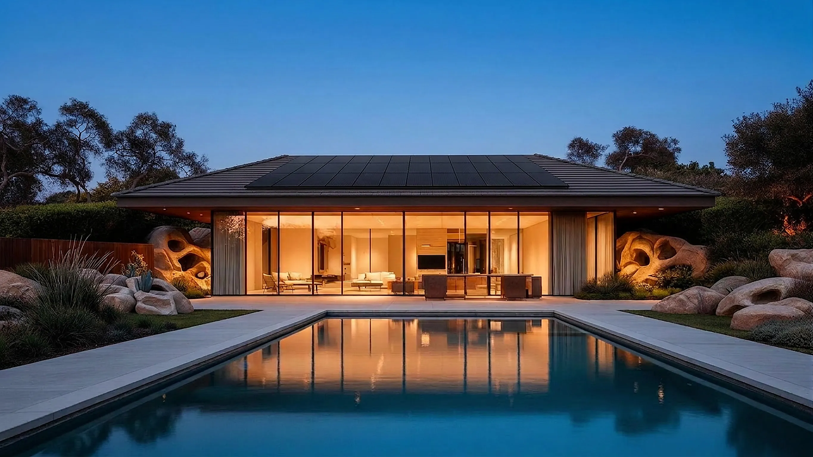 Modern coastal home with rooftop solar at twilight
