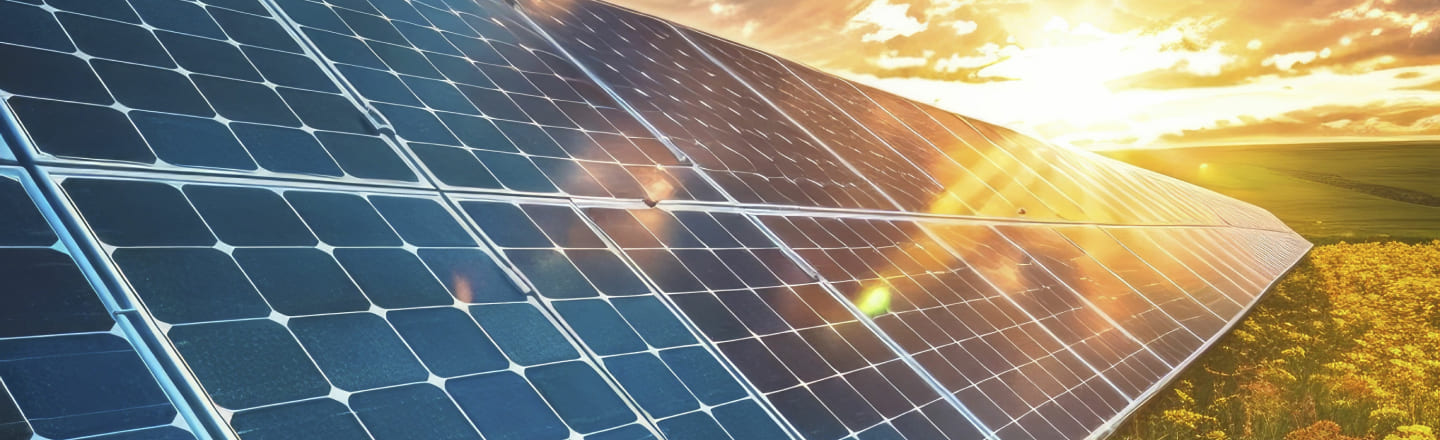 Solar panels in a field reflecting sunlight during a golden sunset
