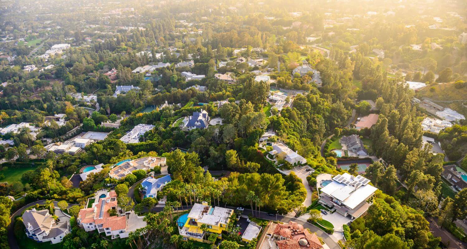 Aerial view of a lush residential neighborhood with luxury homes