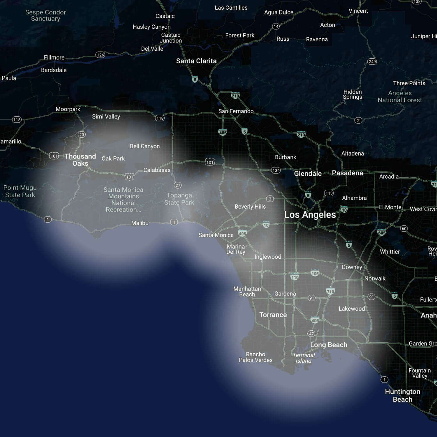 Service coverage map highlighting solar energy solutions in the Los Angeles area